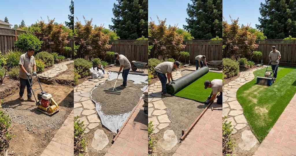 Professional artificial grass installation process in Birmingham showing base preparation, gravel leveling, turf rolling, and final brushing
