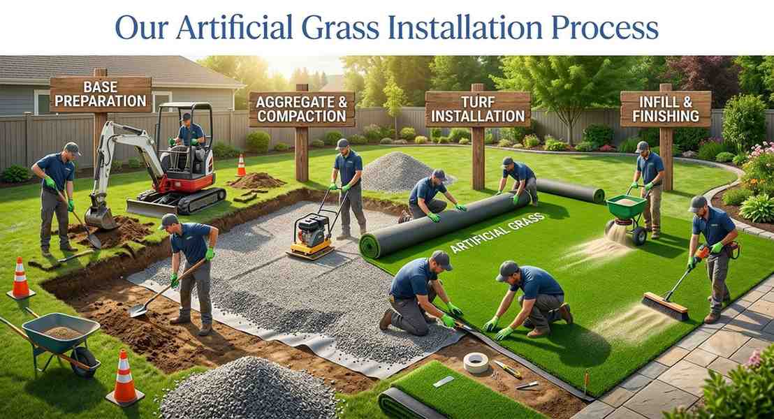 Happy family enjoying benefits of artificial grass in Birmingham backyard