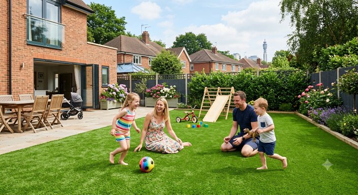 Family with children playing on artificial grass in a Birmingham back garden