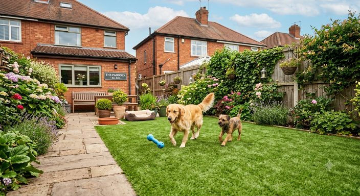 Dogs playing on pet-friendly artificial grass in a Birmingham garden