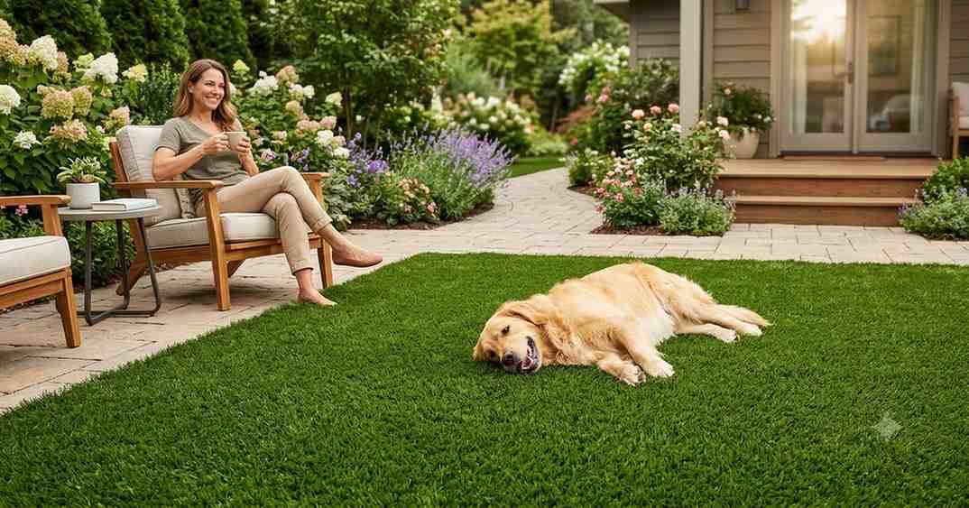 Family enjoying premium artificial grass lawn in Harborne with golden retriever