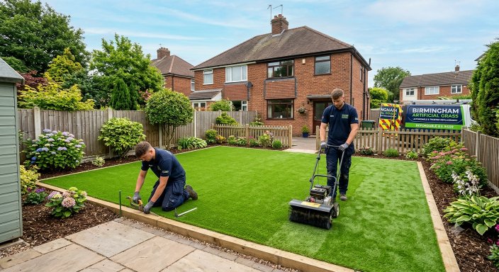 Professional team installing new artificial grass in a Birmingham garden