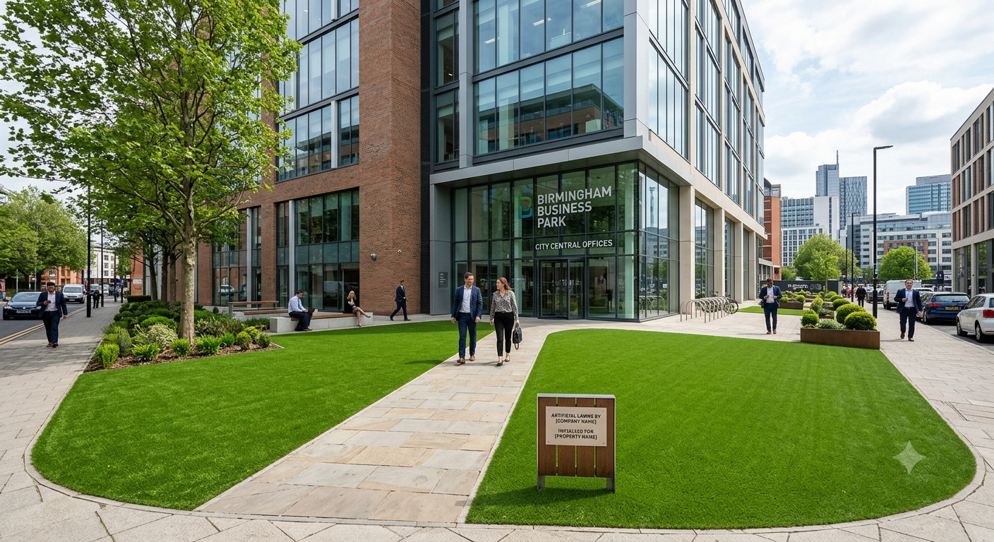 Professional artificial grass installation at Birmingham Business Park commercial office building with modern landscaping and walkways
