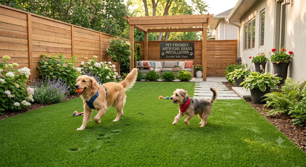 Happy dogs playing on premium pet-friendly fake grass installation in a modern Birmingham garden with pergola and seating area