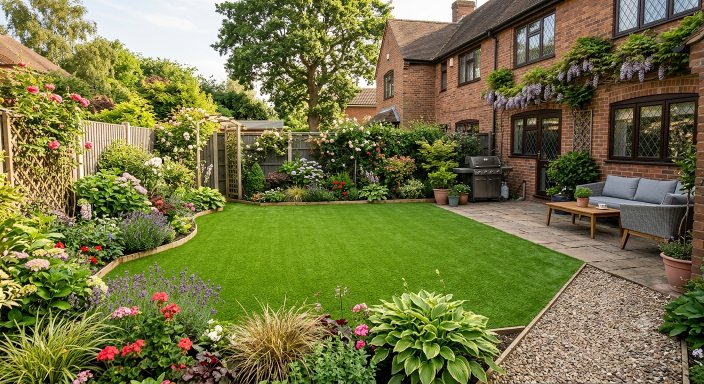 Beautiful finished artificial grass back garden in Birmingham with patio seating