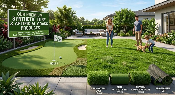 Premium synthetic turf and artificial grass products displayed in a stunning modern Birmingham backyard with putting green, family and pet