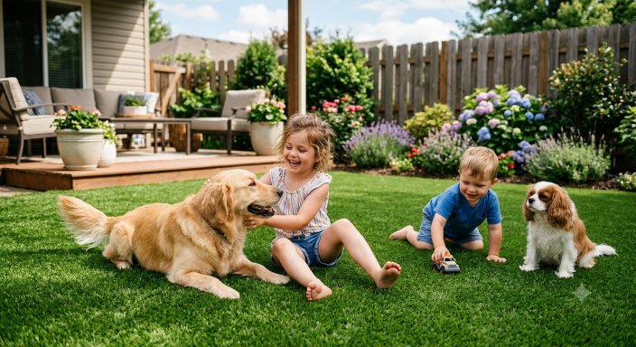 Pet-friendly artificial grass with children and dogs