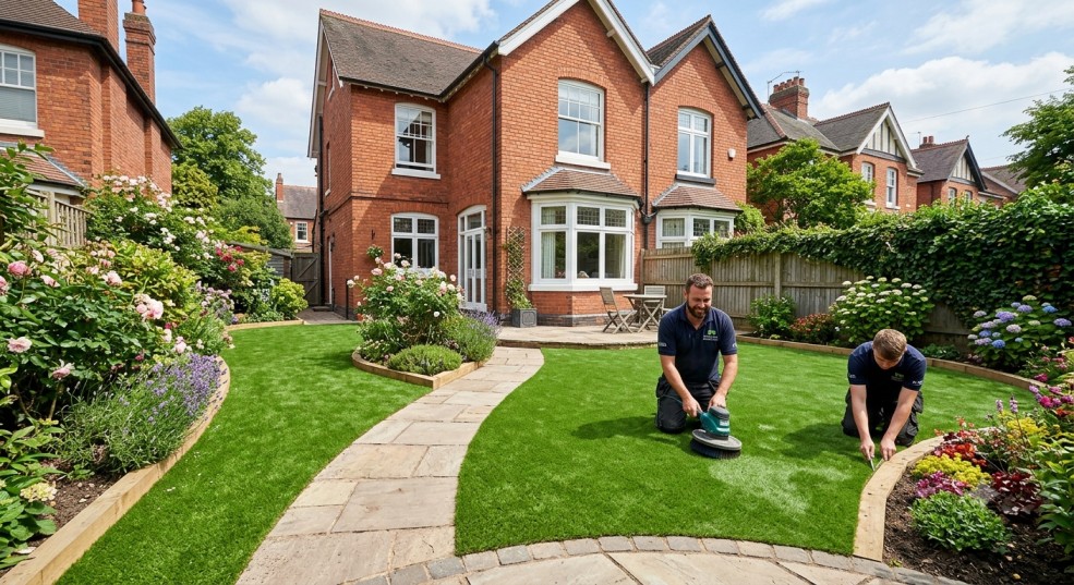 Professional installers laying premium fake grass in a beautiful Birmingham garden with brick house and landscaped borders