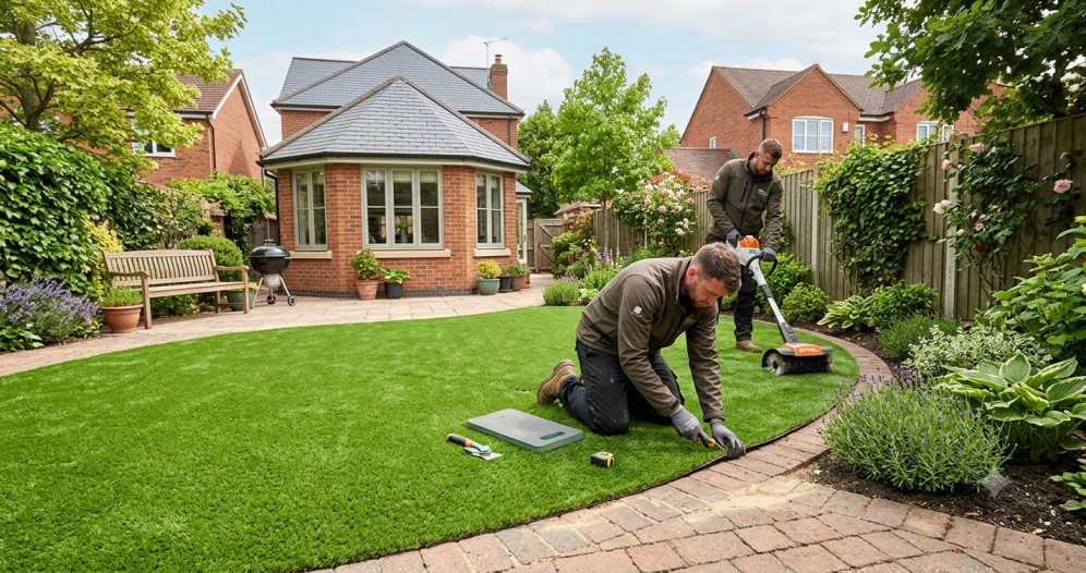 Professional artificial grass installers laying premium turf with precision edging in a suburban Birmingham garden