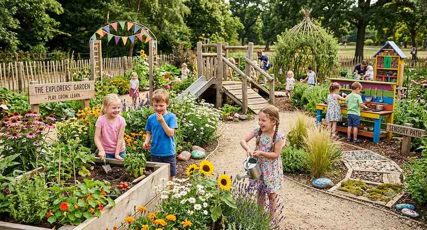 Children's exploratory play garden in Birmingham featuring raised beds, play structures, and kids enjoying outdoor activities on safe surfaces