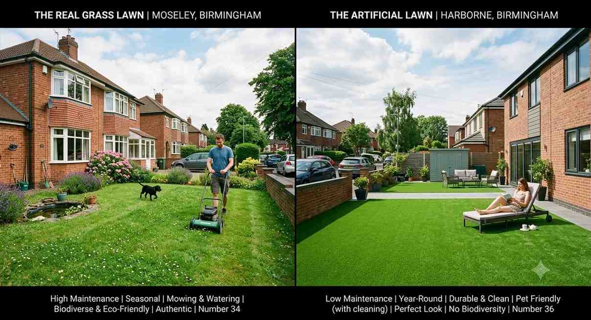 Side-by-side comparison: Real grass lawn being mowed in Moseley vs perfect low-maintenance artificial lawn in Harborne, Birmingham