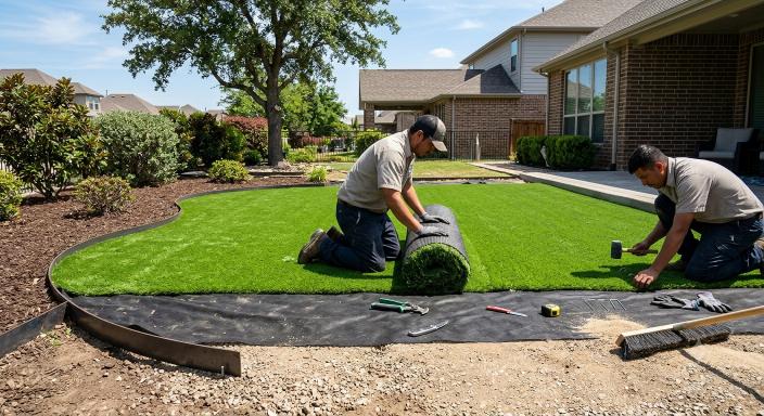Professional synthetic turf installation team laying high-quality artificial grass in a beautiful Birmingham suburban garden with modern homes and landscaping