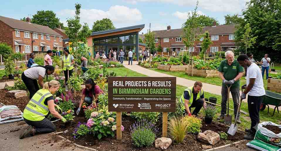 Community volunteers creating beautiful gardens in Birmingham with signage highlighting real projects and results in local outdoor spaces
