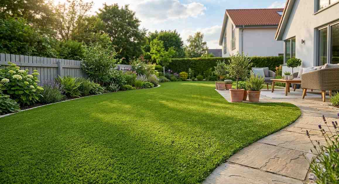 Beautiful modern artificial grass lawn in Birmingham garden