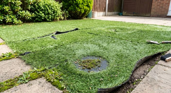 Damaged artificial grass showing open seams, moss and wear that needs professional repair