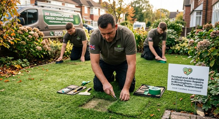 Professional artificial grass repair team working on a Birmingham garden lawn