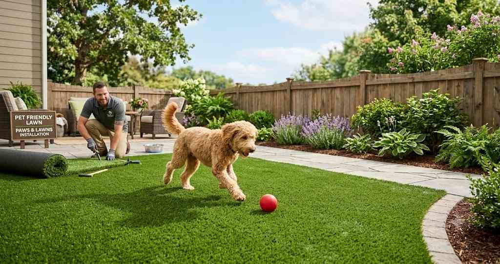 Happy golden doodle dog playing on premium pet-friendly artificial grass installation in Birmingham backyard