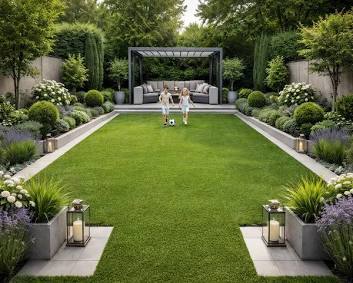 Modern family garden in Birmingham with lush artificial grass lawn, children playing, and stylish pergola seating area