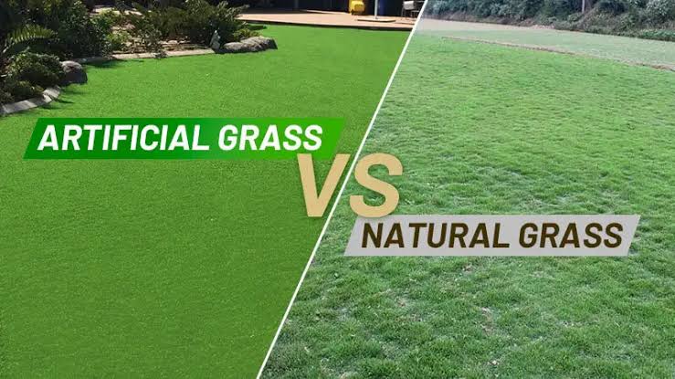 Close-up comparison of vibrant artificial grass versus natural grass showing the superior appearance and uniformity of synthetic turf