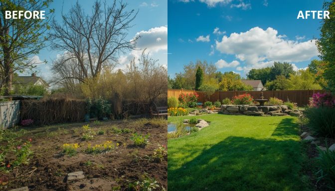 Before and after pet-friendly artificial grass installation transforming a muddy Birmingham backyard