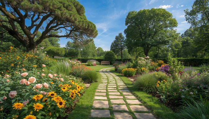 Beautifully planned Birmingham garden with stone path, vibrant flowers and lush greenery