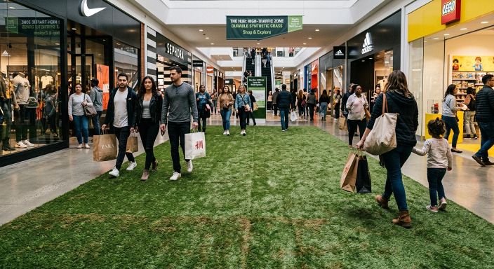 High-traffic commercial artificial grass walkway inside a busy Birmingham shopping centre