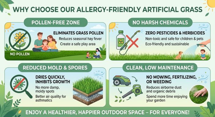 Why choose allergy-friendly artificial grass - pollen-free zone, no harsh chemicals, reduced mold, low maintenance