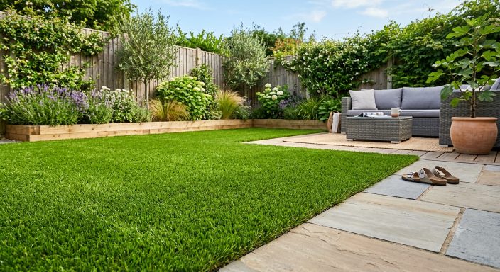 Clean artificial grass lawn next to patio seating area in a Birmingham garden