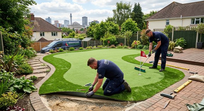 Workers installing high-quality short-pile putting green turf with precision edging in Birmingham