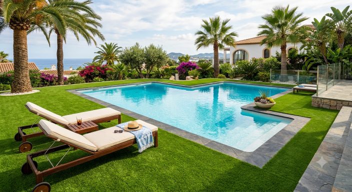 Luxury swimming pool with soft artificial grass surround in Birmingham style garden