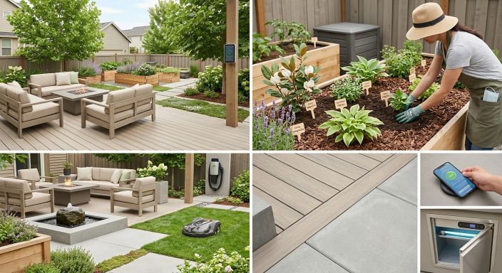 Modern Birmingham garden with artificial grass, outdoor seating, raised beds and clean living spaces