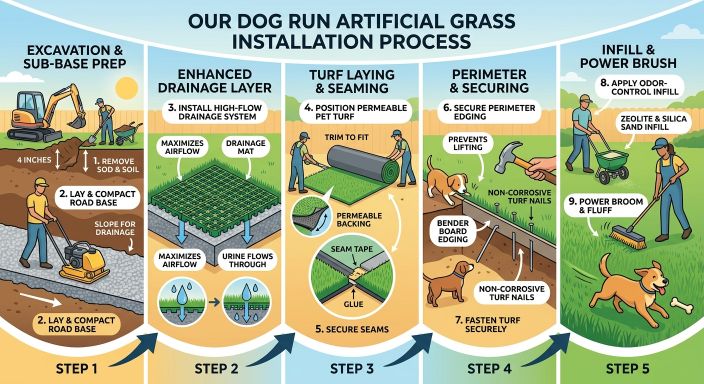 Dog run artificial grass installation process steps - excavation, drainage, turf laying, securing and infill