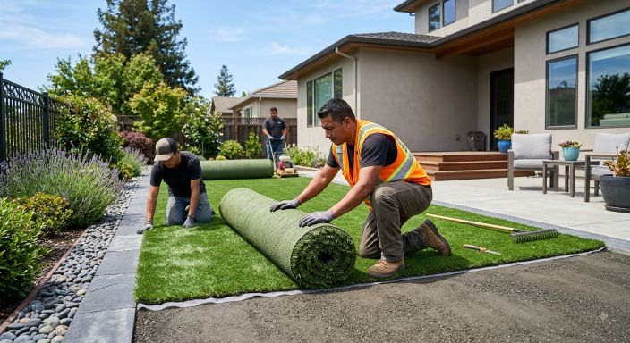 Team installing artificial grass rolls in a modern Birmingham garden