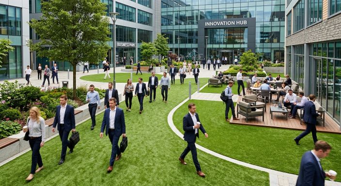 Modern commercial courtyard with artificial grass in Birmingham business park