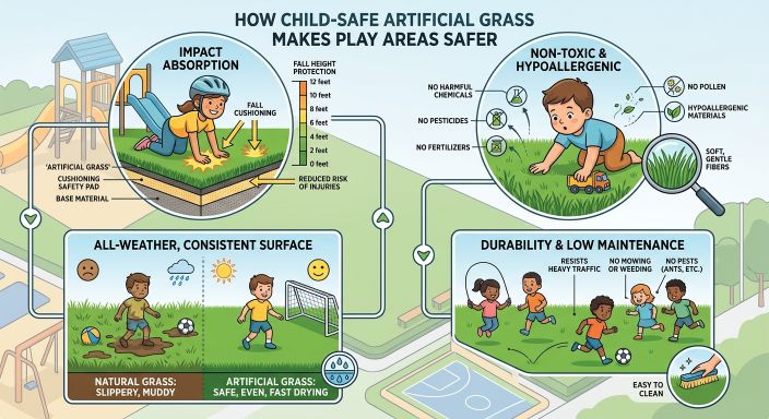 Infographic showing how child-safe artificial grass provides impact absorption, non-toxic materials, all-weather surface and low maintenance for safer play areas