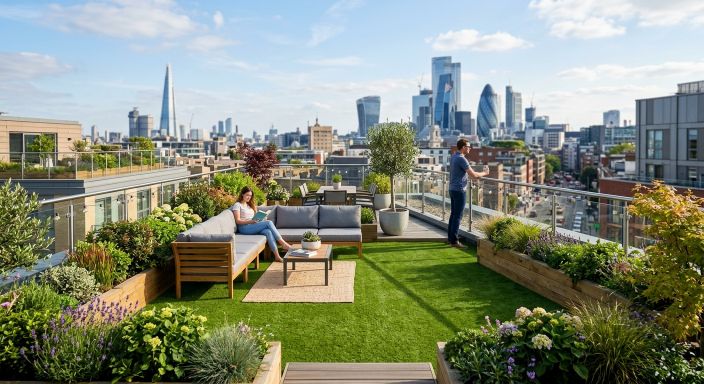 Modern Birmingham rooftop terrace with artificial grass, outdoor seating and city views