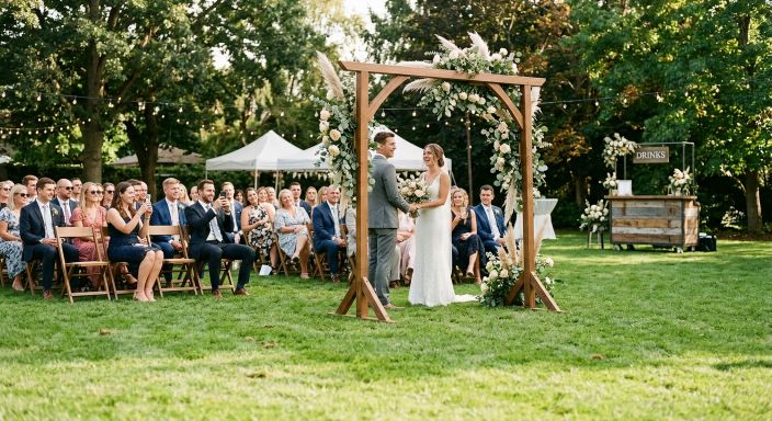 Outdoor wedding ceremony on perfect artificial grass lawn