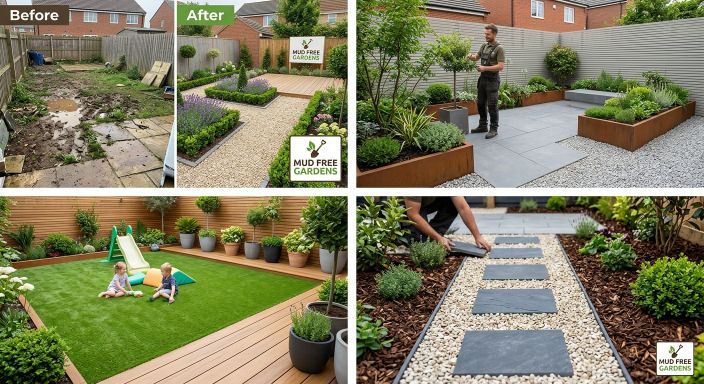 Before and after mud-free garden transformation in Birmingham showing artificial grass and clean permeable surfaces