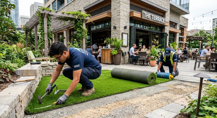Professional artificial turf installation at a Birmingham restaurant terrace