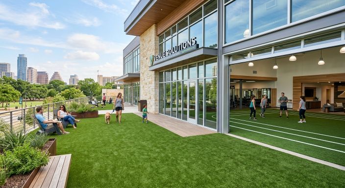 Modern outdoor artificial grass space suitable for care and commercial settings