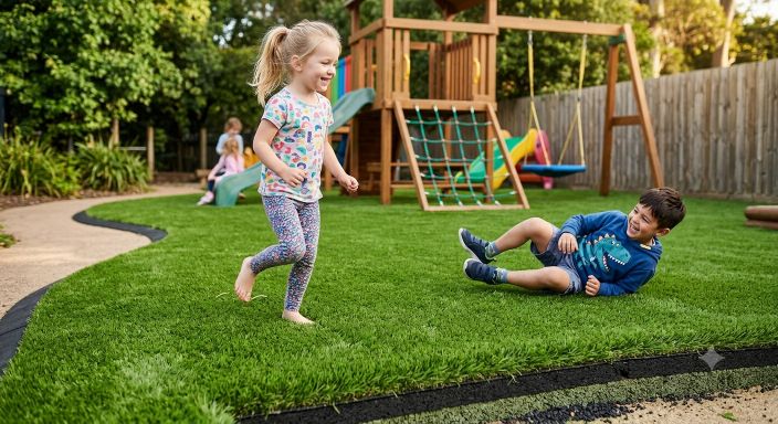 Children playing safely on soft nursery artificial grass