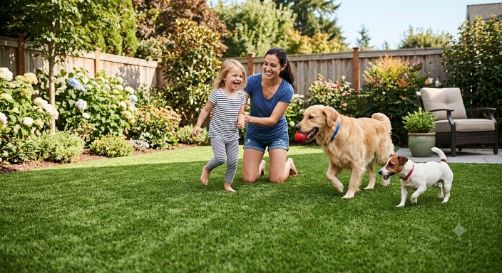 Children and dogs playing on artificial grass Birmingham garden