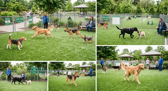 Dogs playing safely on pet-friendly artificial grass dog run in Birmingham