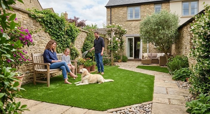 Family and dog enjoying artificial grass courtyard in Birmingham