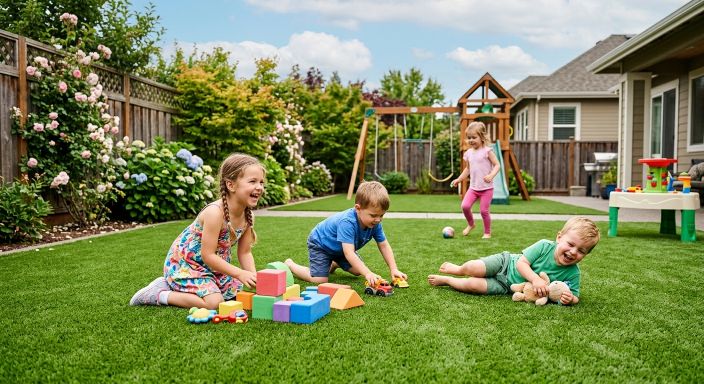 Children playing safely on soft child-safe artificial grass in a Birmingham family garden