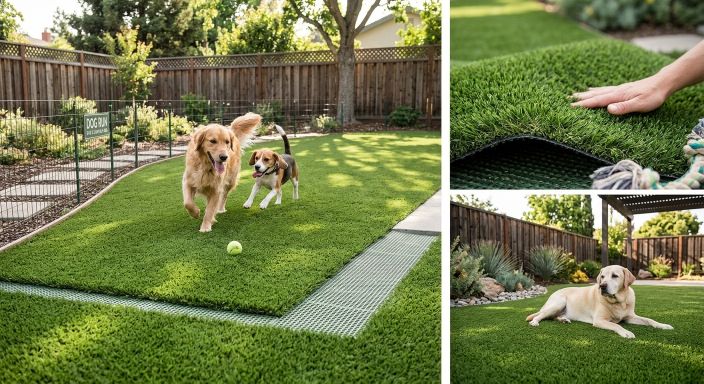Golden Retriever and Beagle playing on residential artificial grass dog run in Birmingham