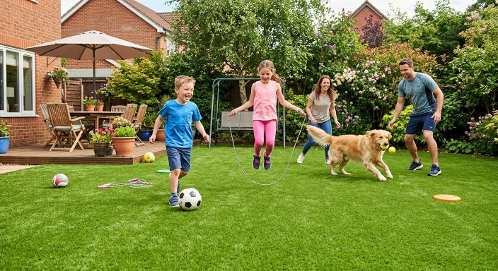 Happy family and dog playing on child-safe artificial grass in a Birmingham backyard
