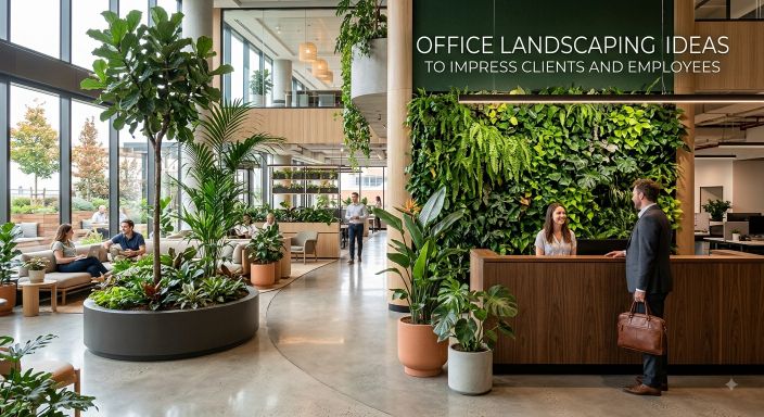 Modern office landscaping with green wall and indoor plants impressing clients and employees