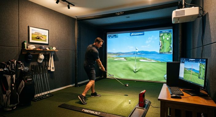 Golfer playing immersive virtual course on large impact screen