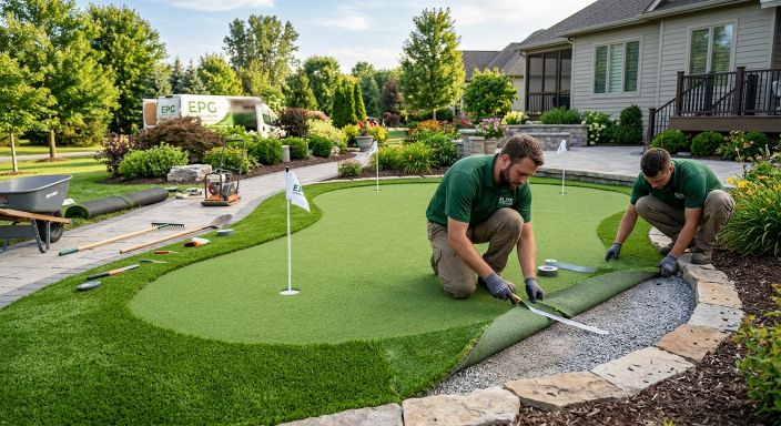 Professional team installing a custom artificial putting green in a Birmingham backyard